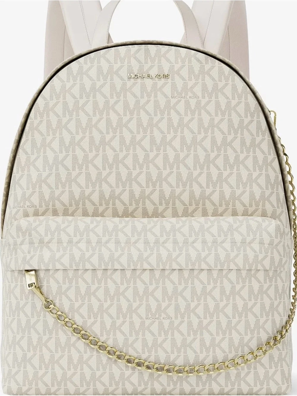 Michael Kors Cream Logo-Print Backpack with Gold Chain
